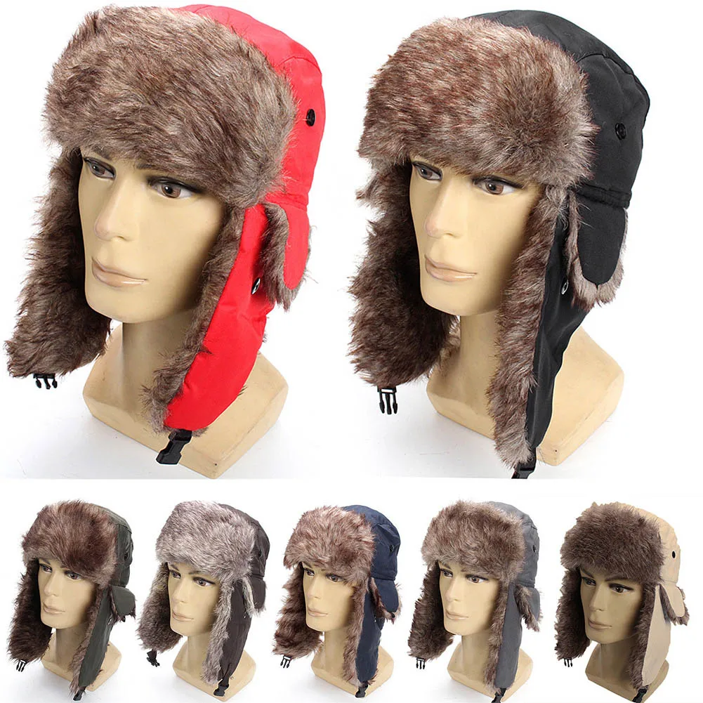 Winter Hat Warm Ear Protection Windproof Pilot Hats Solid Color Fluffy Faux Fur Cap Headwear Bonnet Winter Cap Man Russian Hat