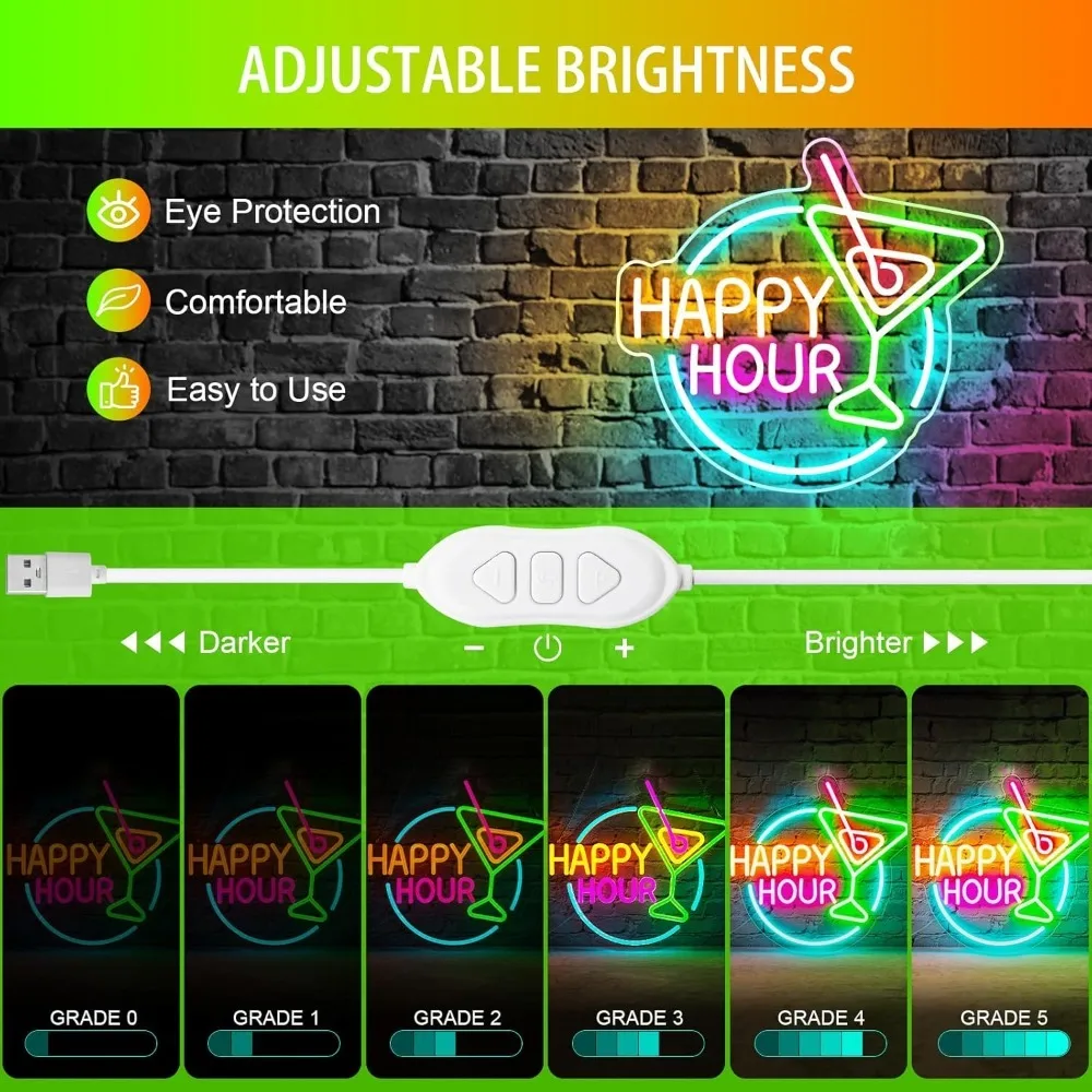 Happy Hour Neon Sign Dimmable LED Happy Hour Neon Bar Signs for Home Bar, Bright Cocktails Happy Hour Neon Signs for Wall Decor