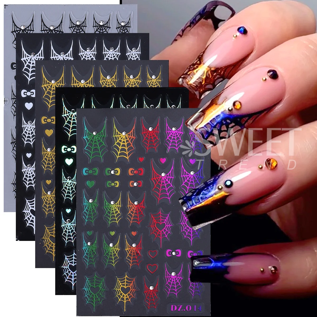 5pcs ฮาโลวีนภาษาฝรั่งเศสคํา Spider Web เล็บรูปลอก Rhinestone Kawaii โบว์หัวใจคริสตัลอัญมณี Spider METALLIC เลเซอร์เล็บสติกเกอร์