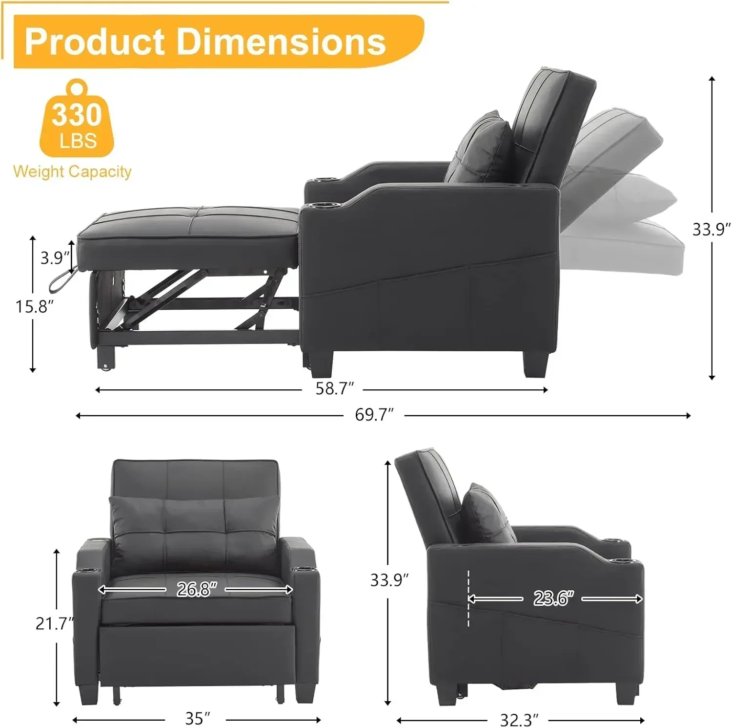 Sleeper Chair Convertible Sofa Bed with USB/Type C Ports 3-in-1 Pull Out Sofa Bed Adjustable Reading Chair with Cup Holders