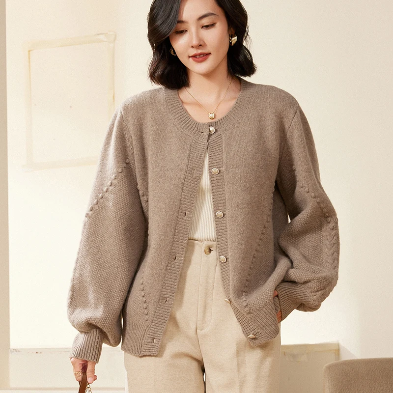 Women's New 100% Merino Wool Solid Color Cardigan  Button Design Knitted Lantern Sleeves Comfortable Warm Autumn  Winter Top