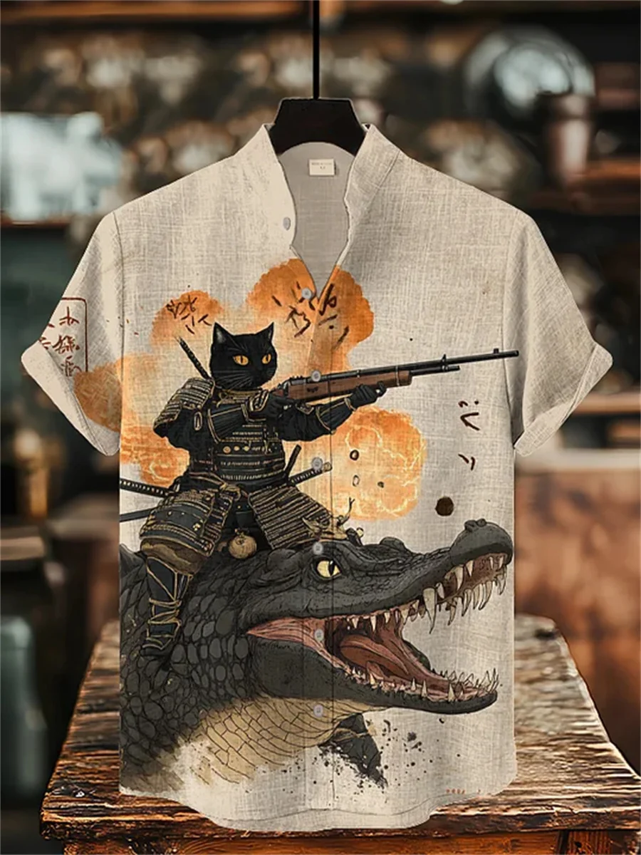 قميص رجالي بأكمام قصيرة بطبعة قطة وديناصور، قميص رجالي كاجوال وأنيق على طراز العطلة، تصميم هاواي عصري.