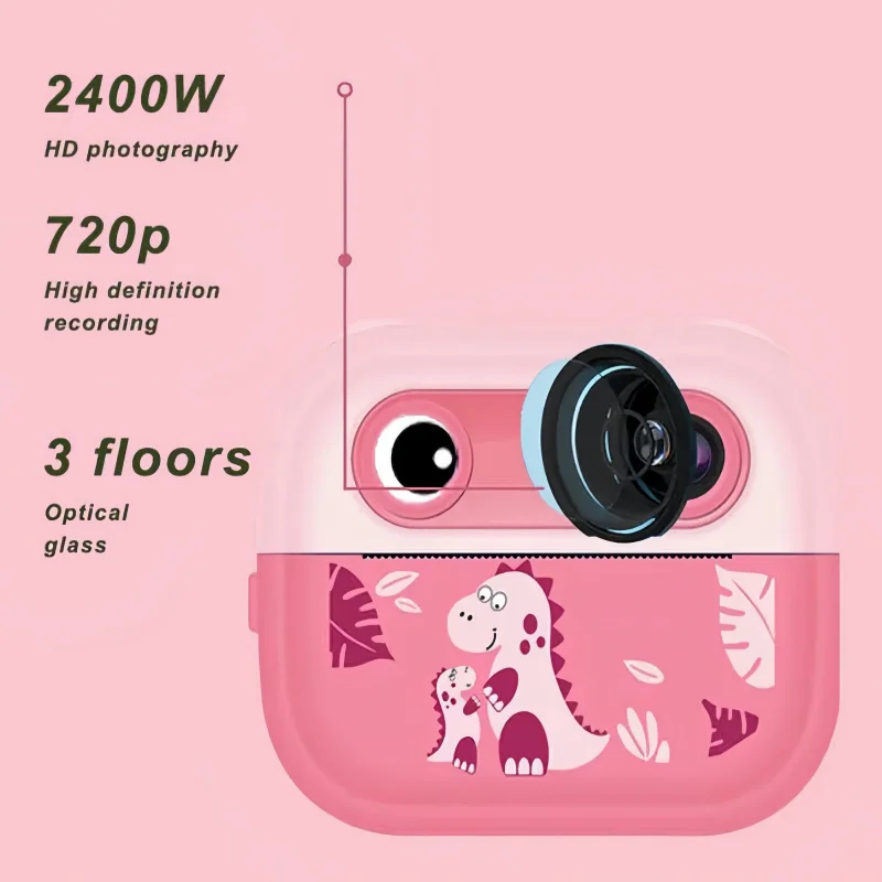 كاميرا رقمية للأطفال من بولارويد بدقة عالية مع طباعة الصور، كاميرا لعبة على شكل ديناصور لطيف