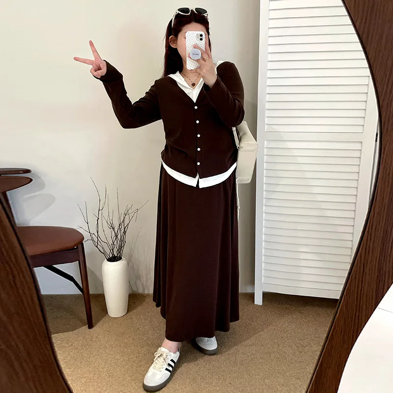 

Вязаный комплект из двух предметов больших размеров для женщин, осенняя коллекция, с шапкой, имитация двухслойного топа и юбки-миди.