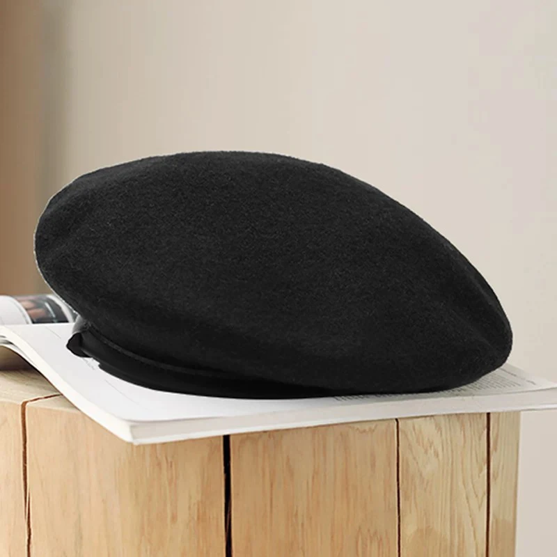 Autumn Winter Unisex Solid Black Wool Beret Vintage Retro British Fashion All-match Warm Soft Painter Artist Hat Daily Street