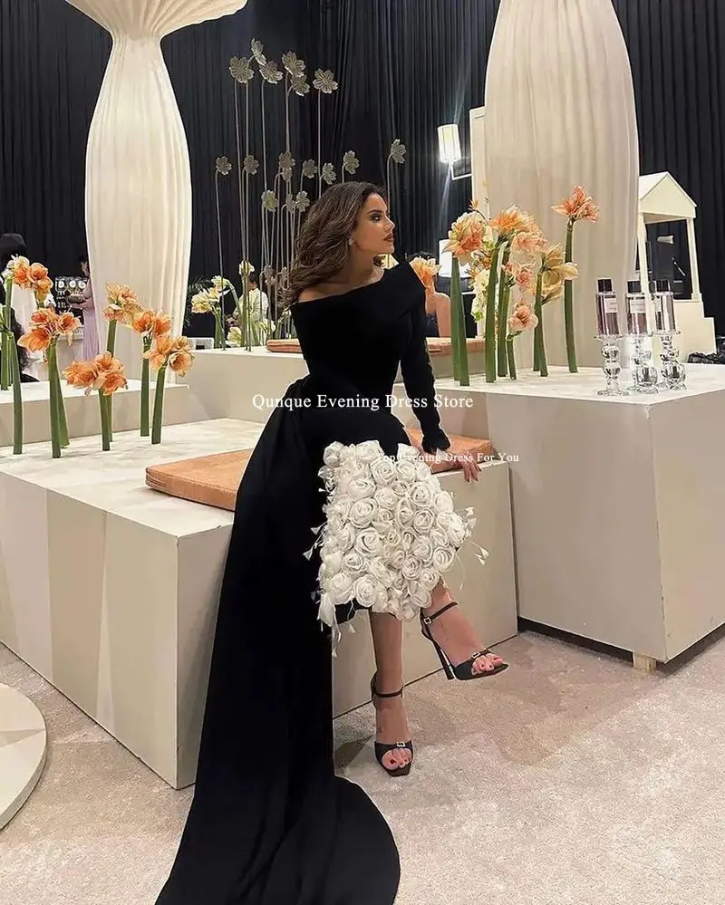 Qunque Mermaid Arabia فساتين سهرة Evening Dress Customized 3D Flowers With Luxury Feathers Leg Slit Party Dress Robes De Soirée