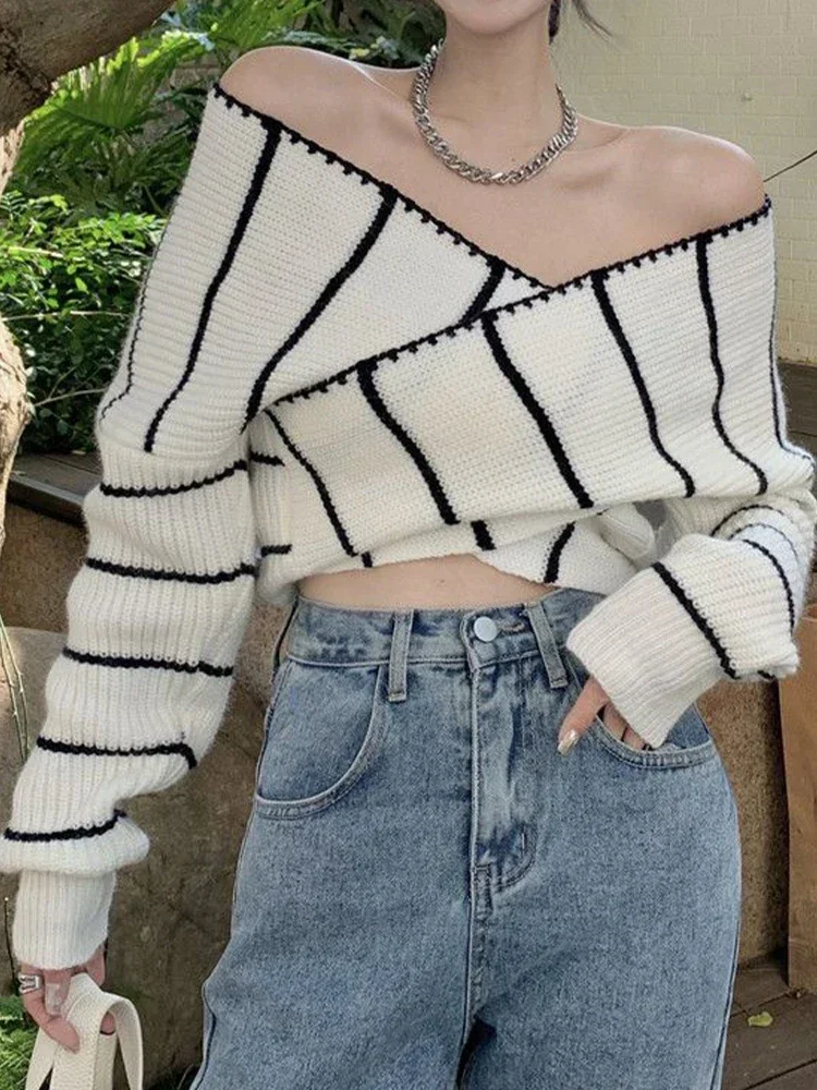 Striped Sweater Women Off Shoulder Long Sleeve Slim Knitted Pullover Female Elegant Sexy Contrast Color Versatile Short Jumper