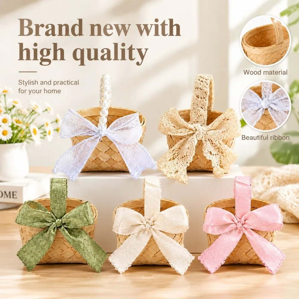 Colorful Ribbon Bow Wedding Candy Storage Basket Mini with Handle Handwoven Basket Craftsmanship Flower Pot