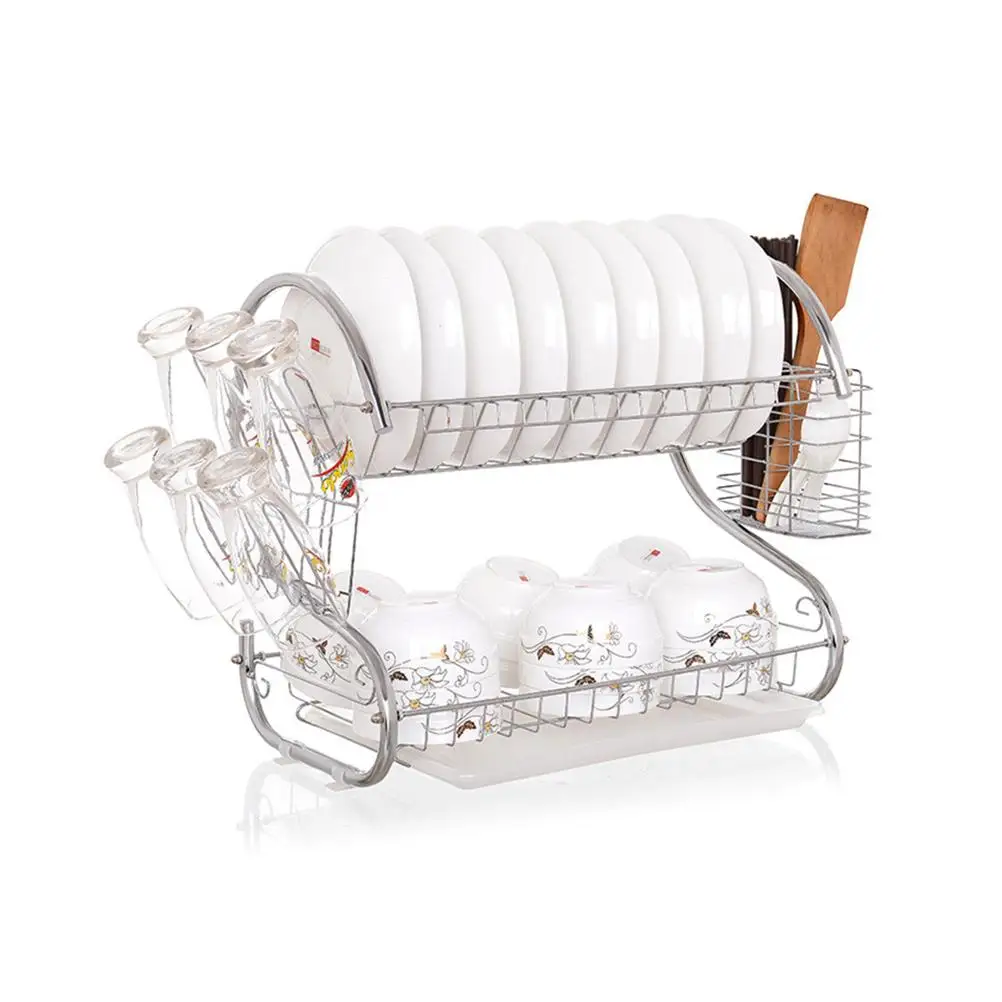 Stainless Steel Rack Double Dish Drainer Rack Layer Drying Kitchen Storage 2Tier Removable Tray Glass Utensil ganizer