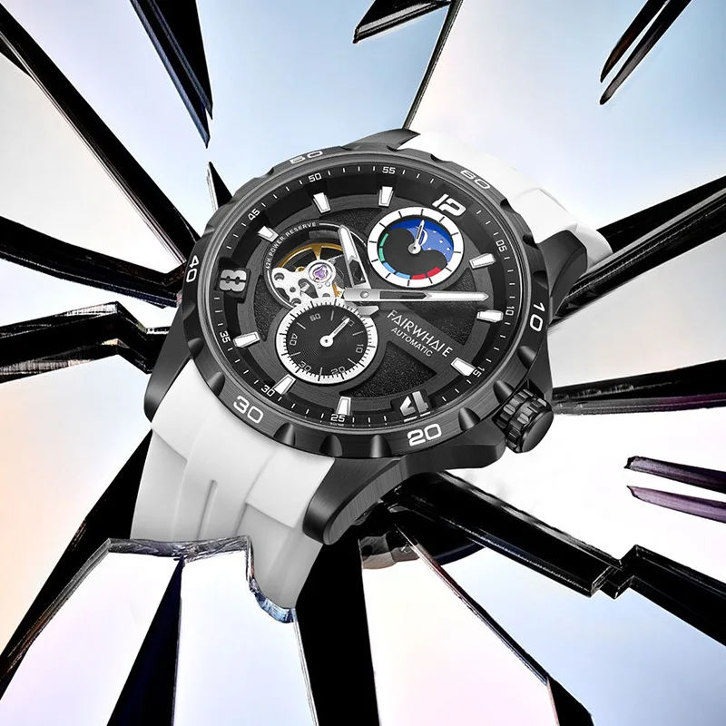 Mark Fairwhale Brand Fashion Mechanical Watches Men Sports Silicone Tourbillon Clock Luxury Moon Phase  Automatic Watch Reloj