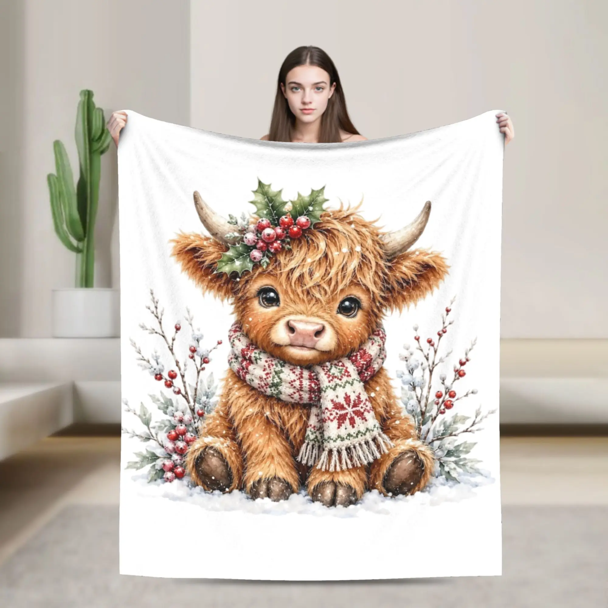 Christmas Highland Cow Fleece Blanket Animal Vintage Throw Blanket for Home 150*125cm Rug Piece
