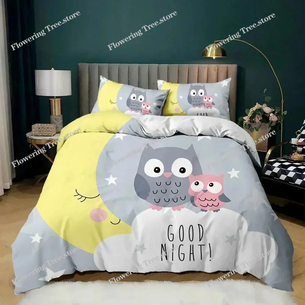 Owl Duvet Cover Set Cute Owl and Stars Decor Comforter Cover Outer Space bedding Set Kids Cute Animal Polyester Qulit Cover