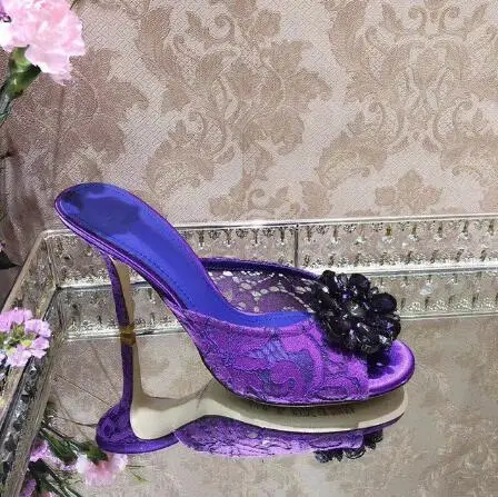 Summer Purple Blue Lace Floral Crystal Rhinestone Shallow Slippers Women Peep Toe 6 9 CM Thin High Heel Side Bride Wedding Shoes