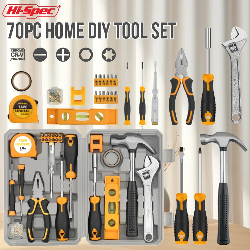 Hi-Spec 70Pc Kit di attrezzi per la casa fai-da-te con cassetta degli attrezzi Chiave a tubo Riparazione automatica Utensile manuale Morsetto Martello Misura di nastro Strumento manuale