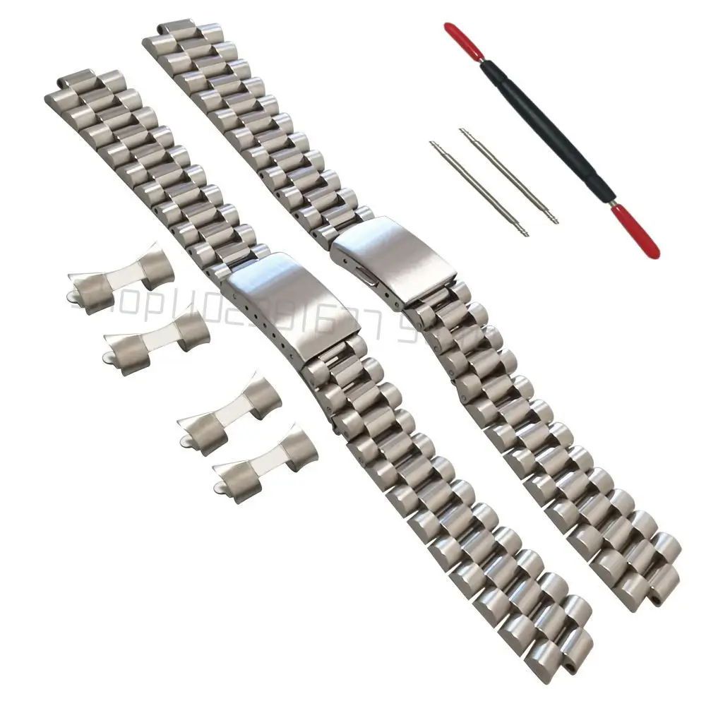 18mm 20mm 22mm Curved End Silver 316L Stainless Steel President Three Beads Watch Strap Band Fits for RLX SKX Watch Bracelet