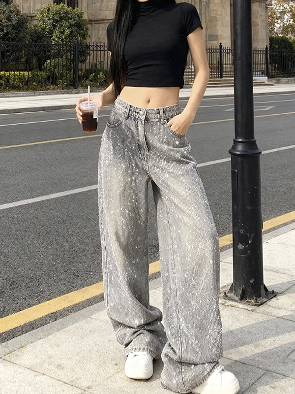 

Американские повседневные джинсовые брюки в стиле ретро с бриллиантами, длинные брюки-клеи, длинные брюки с высокой талией и широкими штанинами, весеннее новое поступление