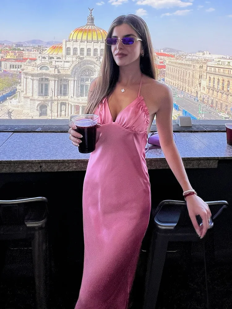 

TRAFZA Women's New Sexy V-Neck Fashion Pink Sleeveless Silk Satin Texture Dress Female Elegant Backless Strap Ankle-Long Dress