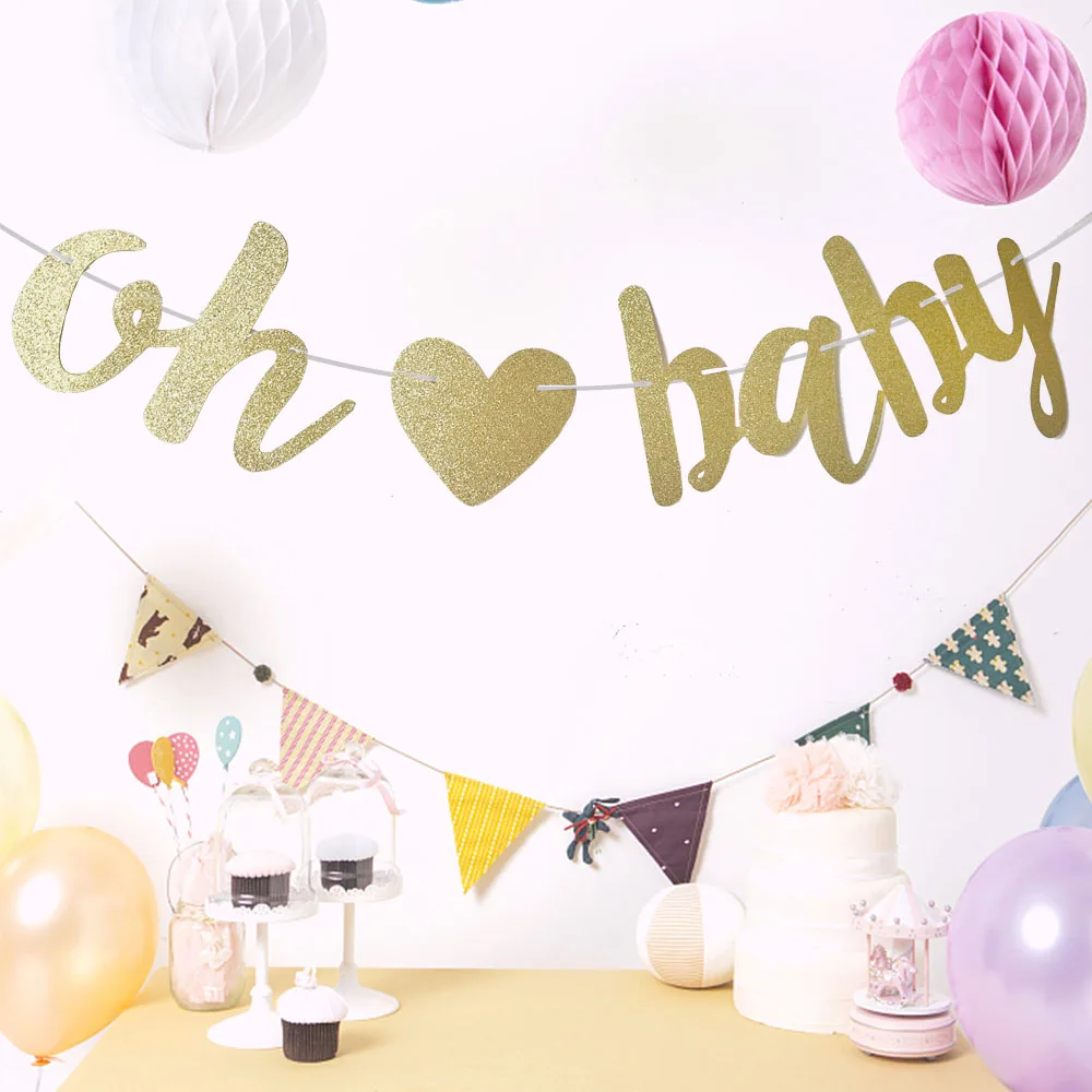 Oh Baby Gold Glitter Baby Shower Banner Sign with Heart for baby shower pregnancy announcement gender reveal party decorations