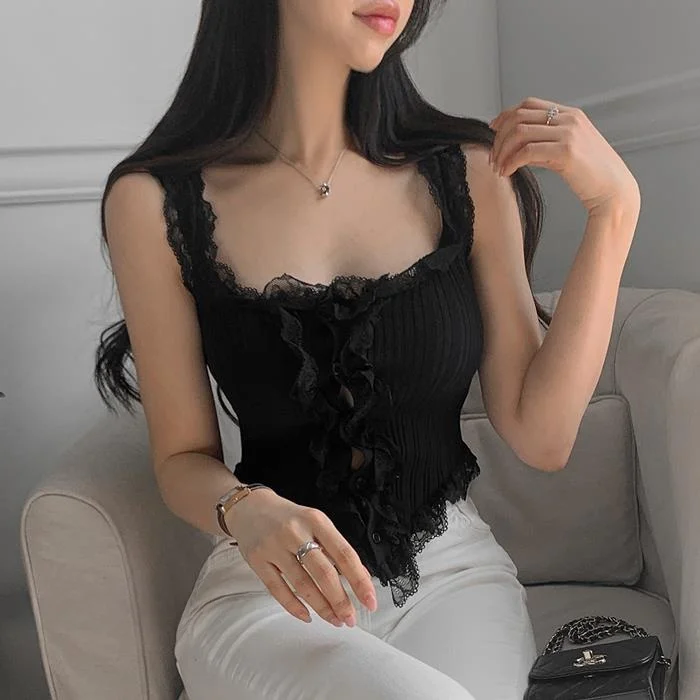 51STUDIO Honey Lace Trim Fitted Button up Camisole Tank Top Women's Fashion Summer Regular Length  Color Single Piece