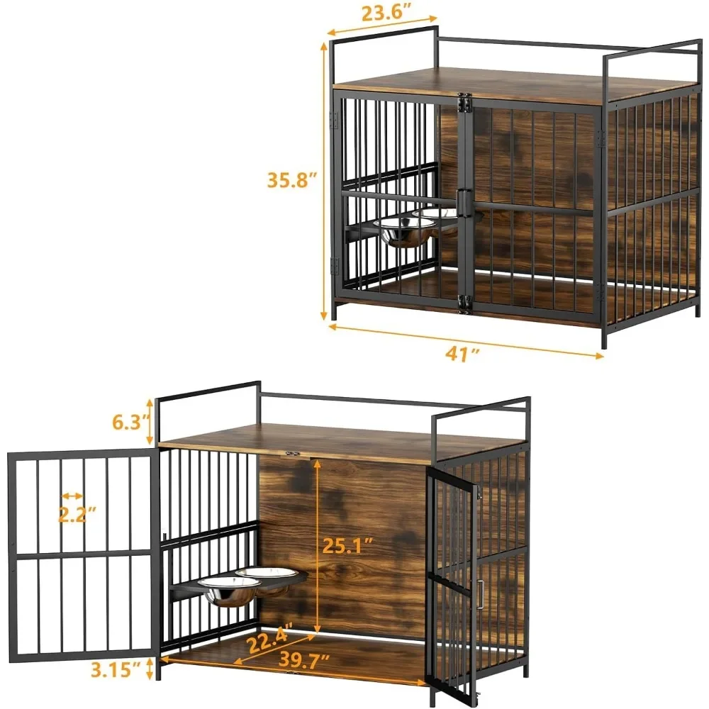 Furniture Style Large Dog Crate with 360° & Adjustable Raised Feeder for Dogs with 2 Stainless Steel Bowls -End Table Dog House