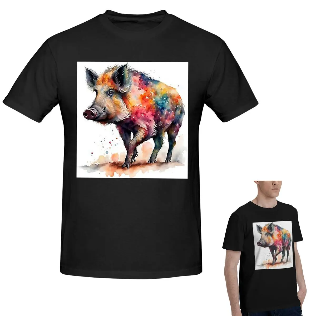 

100% хлопок, красочная акварельная футболка с диким кабаном и свиньей, мужская модная футболка большого размера, мужские летние рубашки с круглым вырезом, топы S-6XL