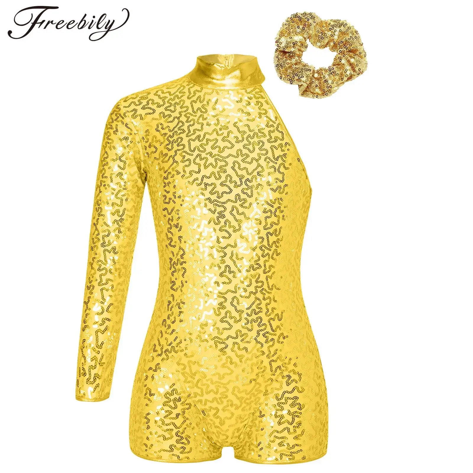 

Kids Girls Single Long Sleeve Shiny Sequins Leotard Zipper Back Gymnastics Shorty Unitard Stage Performance Jazz Dance Costume