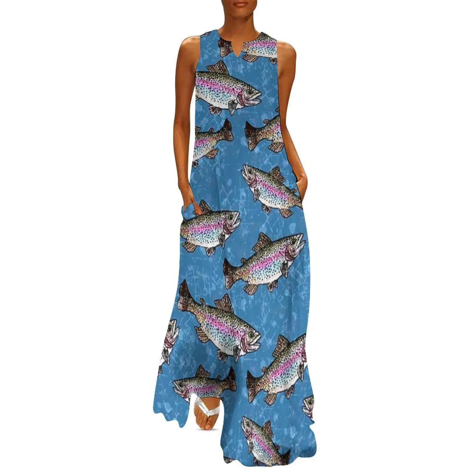 

Rainbow Trout Fish Pattern - Denim Blue Long Dress summer dresses for women 2025 dress korean style Woman dresses Woman clothing