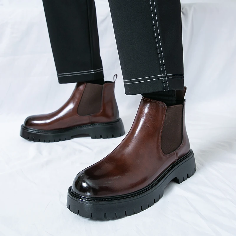 Men's British Style Chelsea Boots Genuine Leather Elastic Ankle Boots Comfortable Soft Lining Casual Date Business Shoes for Men