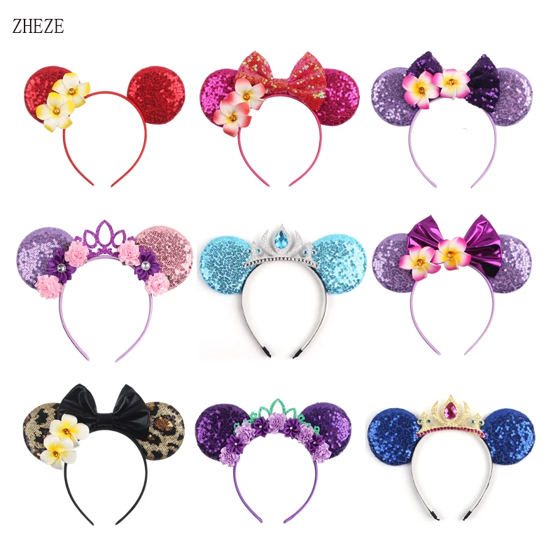 10Pcs/Lot Floral Mouse Ears Headband For Girls Christmas Party Hairband With Crown Festival DIY Hair Accessories Wholesales