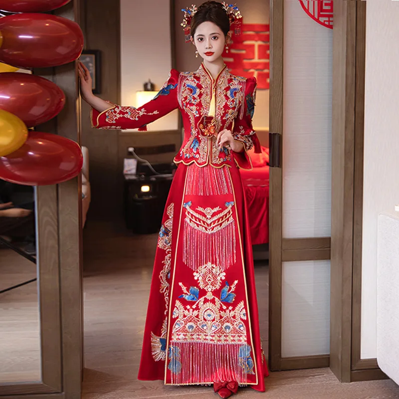 

Luxury Chinese Red Xiuhe Clothing Wedding Toasting Dress Sets Ancient Bridal Gowns Women Engagement Wedding Dresses