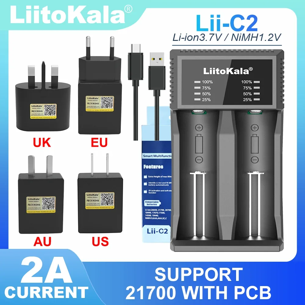 LiitoKala Lii-C2 uniwersalna ładowarka 3,7 V pasuje do akumulatorów 18650 21700 26650 17500 1,2 V AA AAA, można obciążć 21700 1-5 sztuk