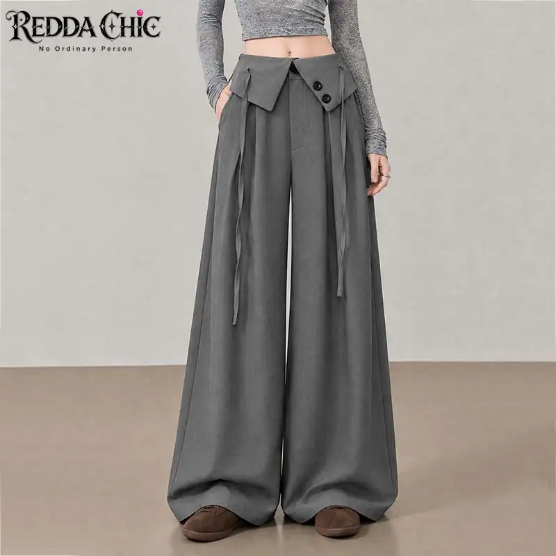 REDDACHiC Fold Over Waist Women Dress Pants Office Gray Loose Pleat Front Cleanfit Wide Leg Suit Pants Versatrile Everyday Wear