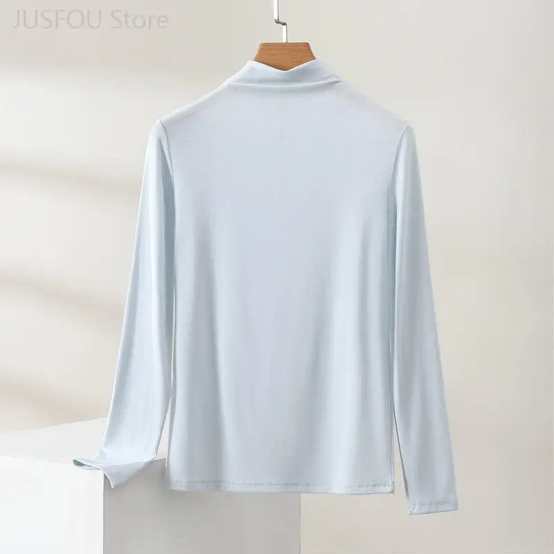 Women High Neck Modal Long Sleeve T Shirt Autumn Winter Solid Color Slim Fit Basic Bottoming Top Daily Inner Wear Casual Tee 6