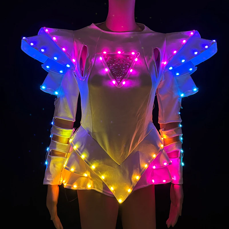 LED Light Up Jumpsuit with Cyberpunk Glasses White Luminous Rave Costume Dance Glowing Dress for women girl bar show props