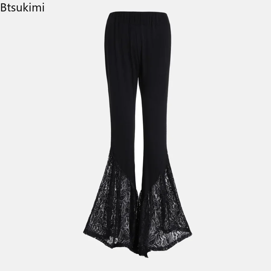 2024 Women\'s Gothic Punk Lace Flare Pants Slim Bandage Side Bellbottoms For Women Black Loose Summer Thin Trousers Long Pants