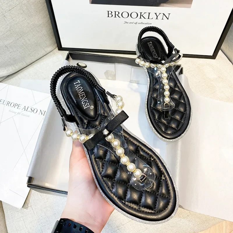 Women Fashion Sandals New Summer Girl Beautiful Pearl String Bead Leisure Slippers Comfortable Casual Shoes