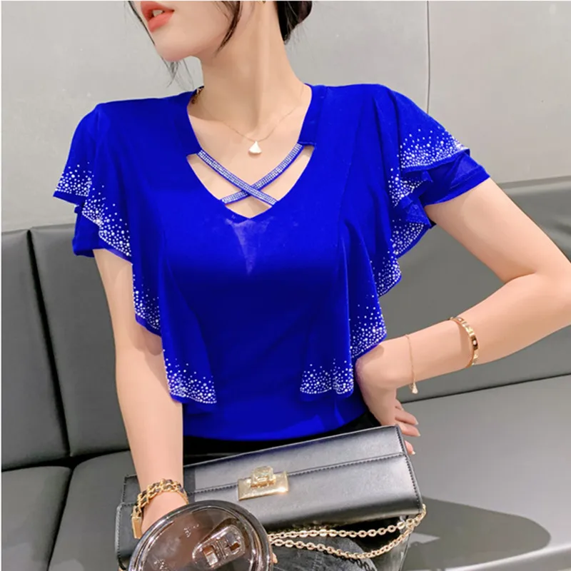 High Quality Summer Women's T-Shirt Fashion Casual V-NeckHollow Out Hot Diamonds Tees Female Ruffled Short Sleeved Mesh Tops