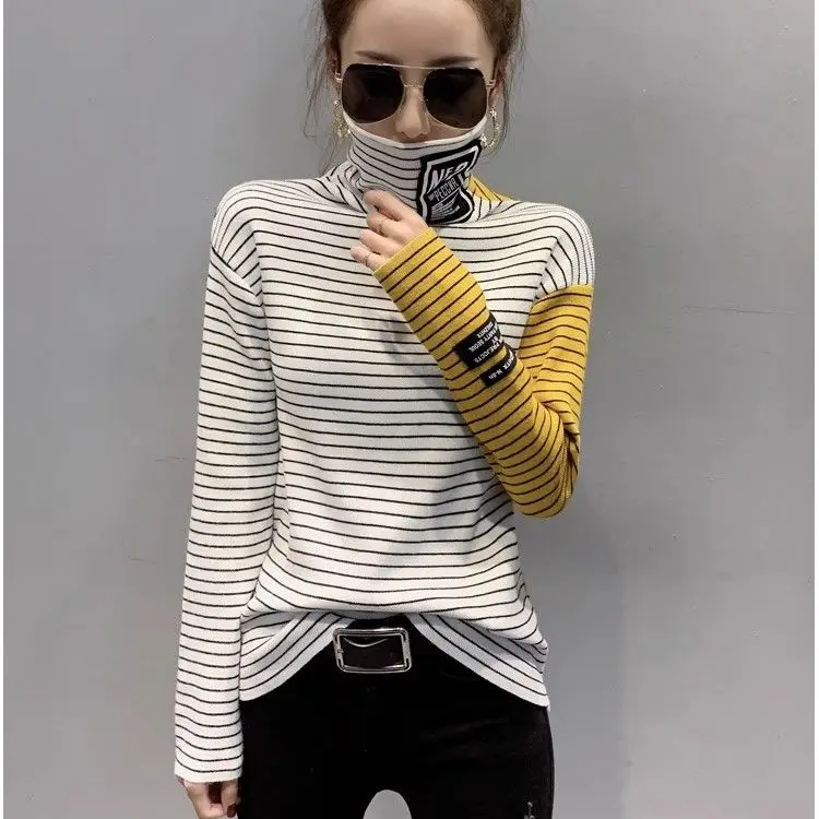 Striped Patchwork High Neck Base Shirt for Women Autumn and Winter New Style Brushed and Slim Fit Long Sleeved Top