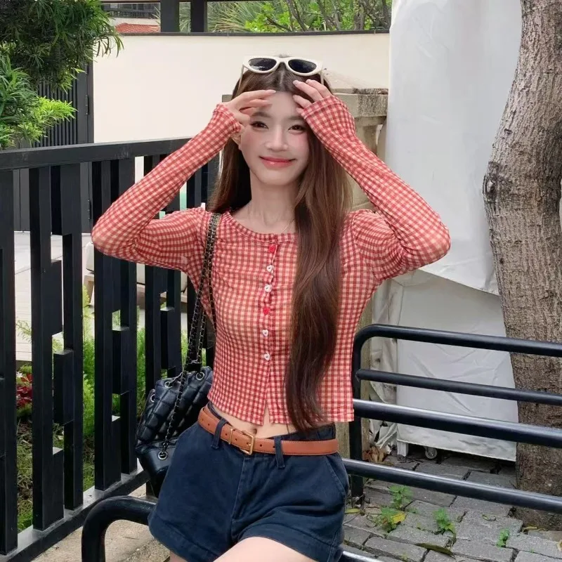 American Hot Girl Red Checkered Tulle Long-sleeved Women's Dress, Early Autumn New Sexy, Slimming Slightly Translucent Short Top