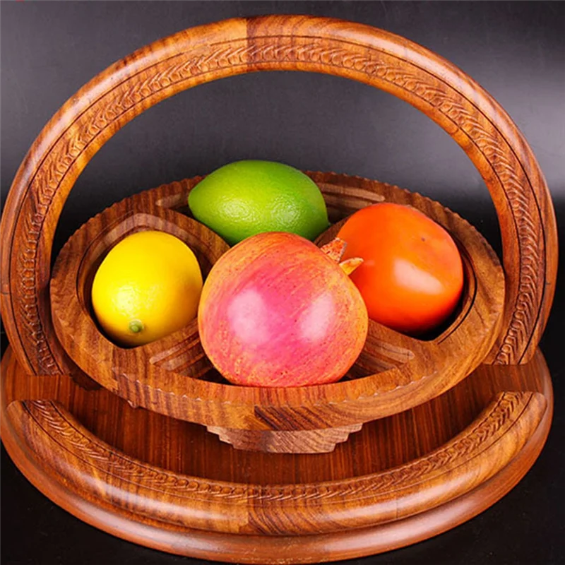 

ZZ-Handmade Wood Carving Fruit Plate Wooden Fruit Basket Foldable Dried Fruit Basket Collapsible Bread Nuts Baskets