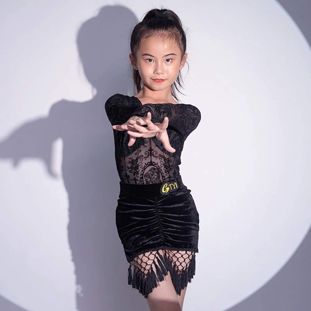 Girls Black Lace Latin Dance Costume Long Sleeves Fringe Dress Kids Professional Latin Dance Performance Clothes Suit DNV23712