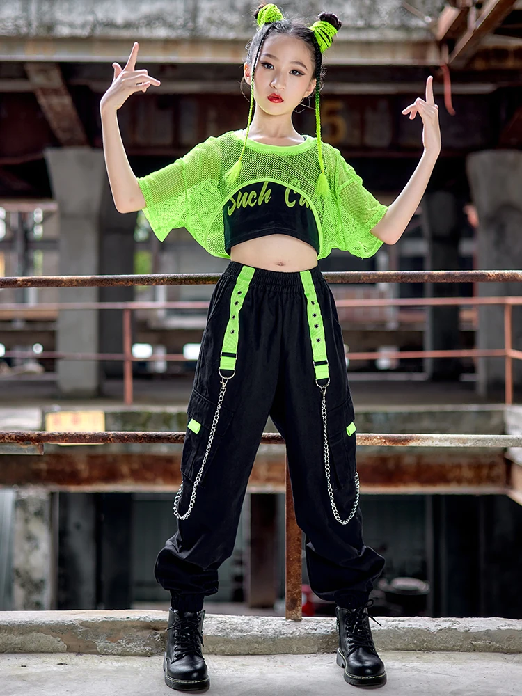 Hip Hop Girls Clothes Jazz Dance Costume Green Net Tops Black Pants Modern Street Dance Wear Kpop Performance Stage Wear BL8602