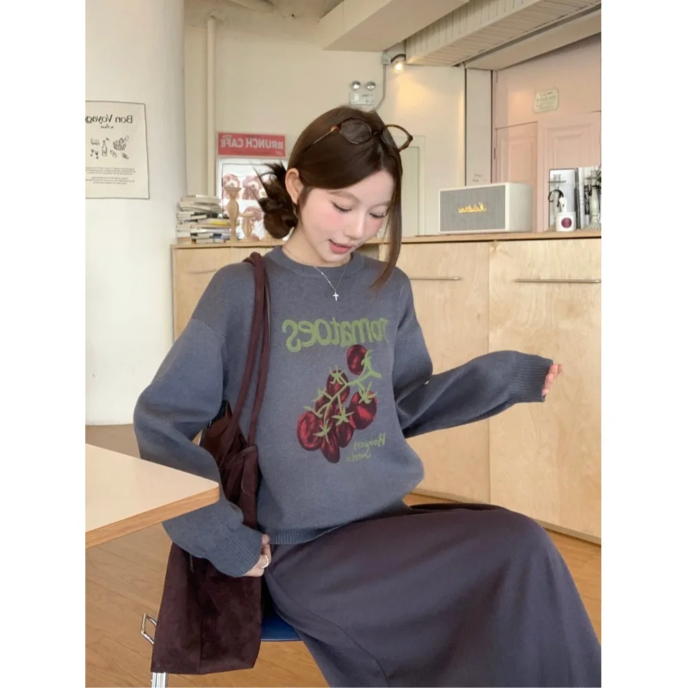 

Корейский женский вязаный свитер с круглым принтом Ne Long Sve, осень-зима, свободный крой, универсальный утягивающий топ