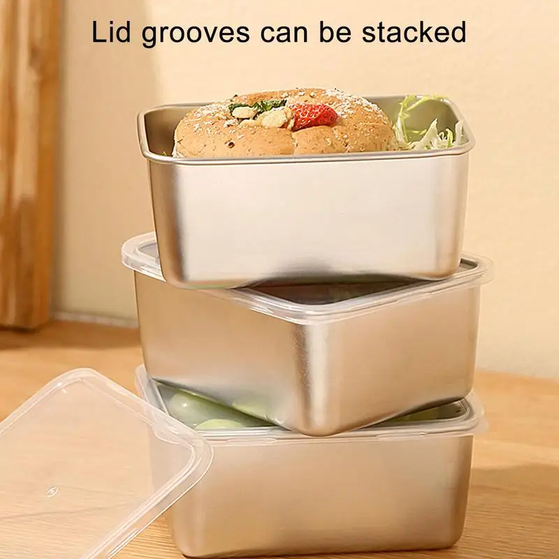 Stainless Steel Square Plate With Lid Rectangular Food Storage Pan Commercial Dish Tray Large Refreshing Lunch Box Container