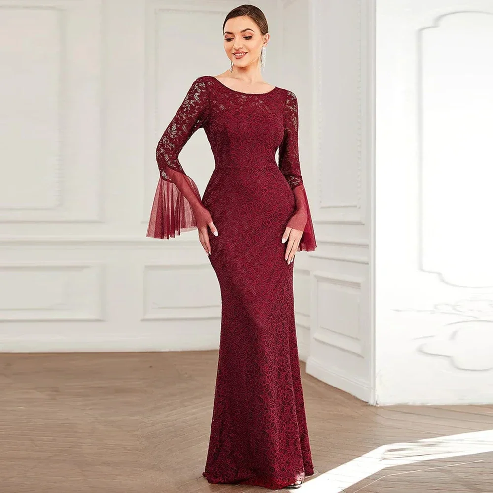 Customized Burgundy Lace Marmaid Mother Of The Bride Dresses Simple Appliques O-Neck Long Sleeves Floor-Length Mom Dress For Wed