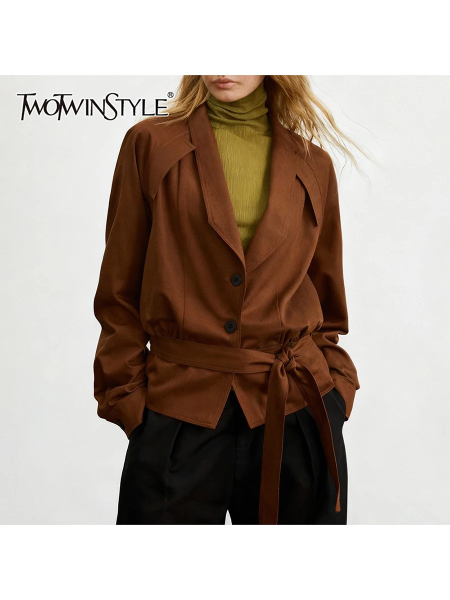 

TWOTWINSTYLE Solid Loose Spliced Lace Up Vintage Trenchs for Women Lapel Long Sleeves Patchwork Shirring Basics Trench Female