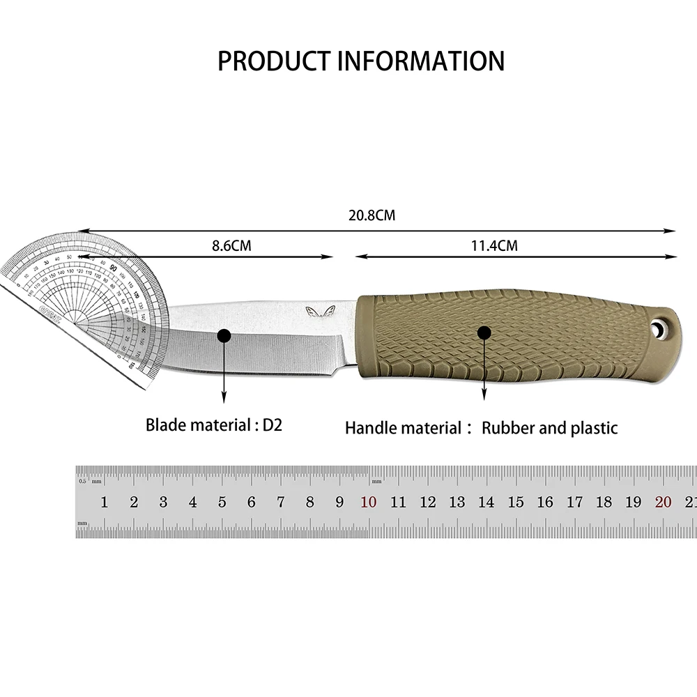 BM 200 Fixed Bushcraft Knife Drop-Point Blade, Plain Edge, Satin Finish D2 Steel Tactical Hunting EDC Knife Sharp Fishing Tools