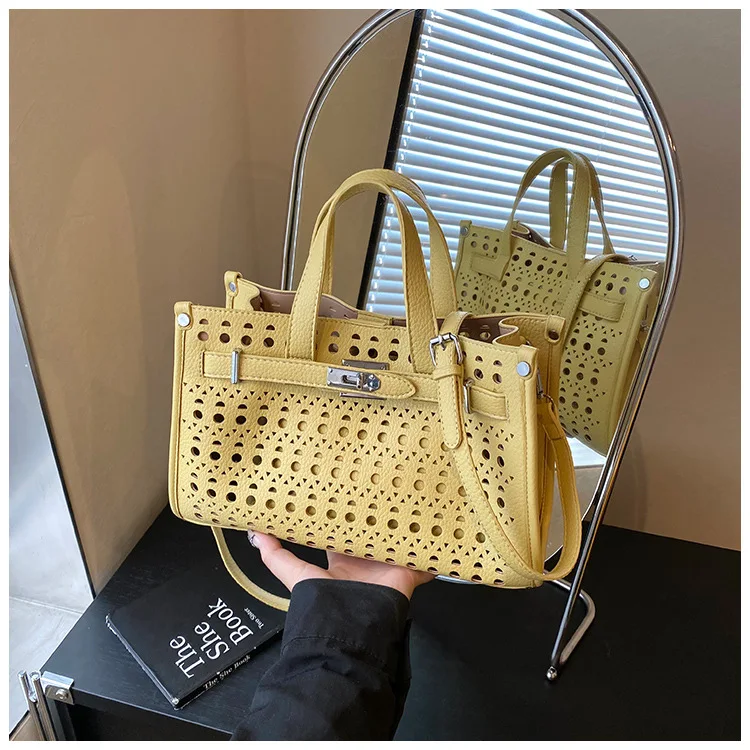 

2025 French Elegance Tote Bag - Stylish Perforated Shoulder Bag Detachable Pouch, Spacious Work & Travel Bag Chic Boho Handbag