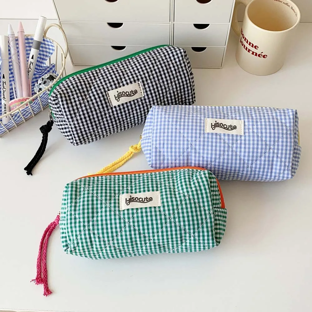 Grid Pattern Stationery Bag Black/Green/Blue/Purple Large Capacity Korean Style Pencil Case Ins Style Desktop Storage