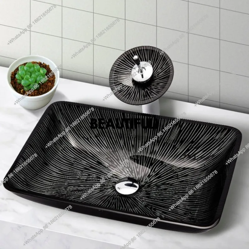

R Tempered Glass Wash Basin Bathroom Art Basin Bathroom Above Counter Basin Copper Faucet L570*W370*H110mm